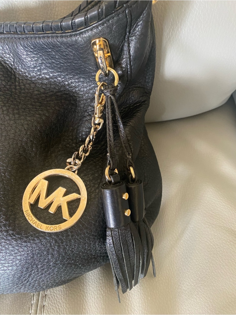 Michael Kors Black Pebbled Leather Hobo with Gold Hardware and Tassel Charm - Picture 3 of 12